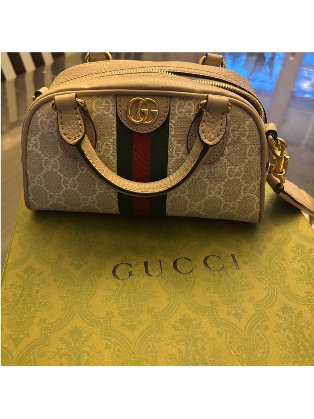 Gucci Beige Mini Ophidia Top-Handle Bag with Green-Red Web - Picture 5 of 8